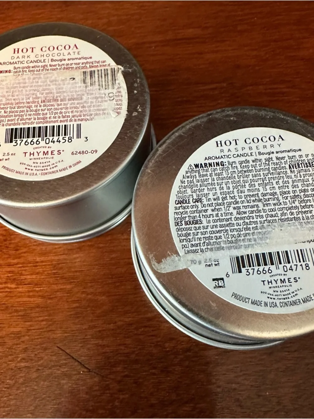 Set of 2 Thymes Hot Cocoa Dark Chocolate & Raspberry Travel Tin Candles 2.5 oz